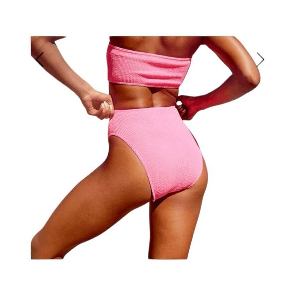 PrettyLittleThings High Waist Bikini Bottom Pink Crinkle Swim Coastal Swimsuit 4 - Picture 3 of 7